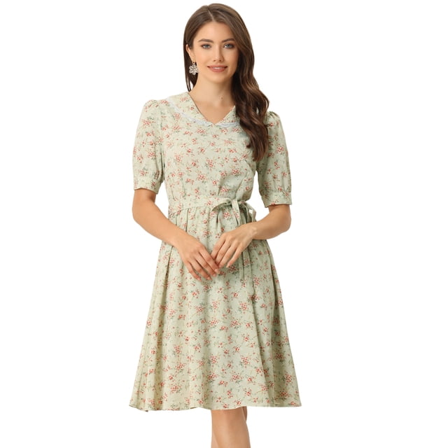 Vestido floral de gasa midi evasé con cuello Peter Pan para mujer Verde Claro S