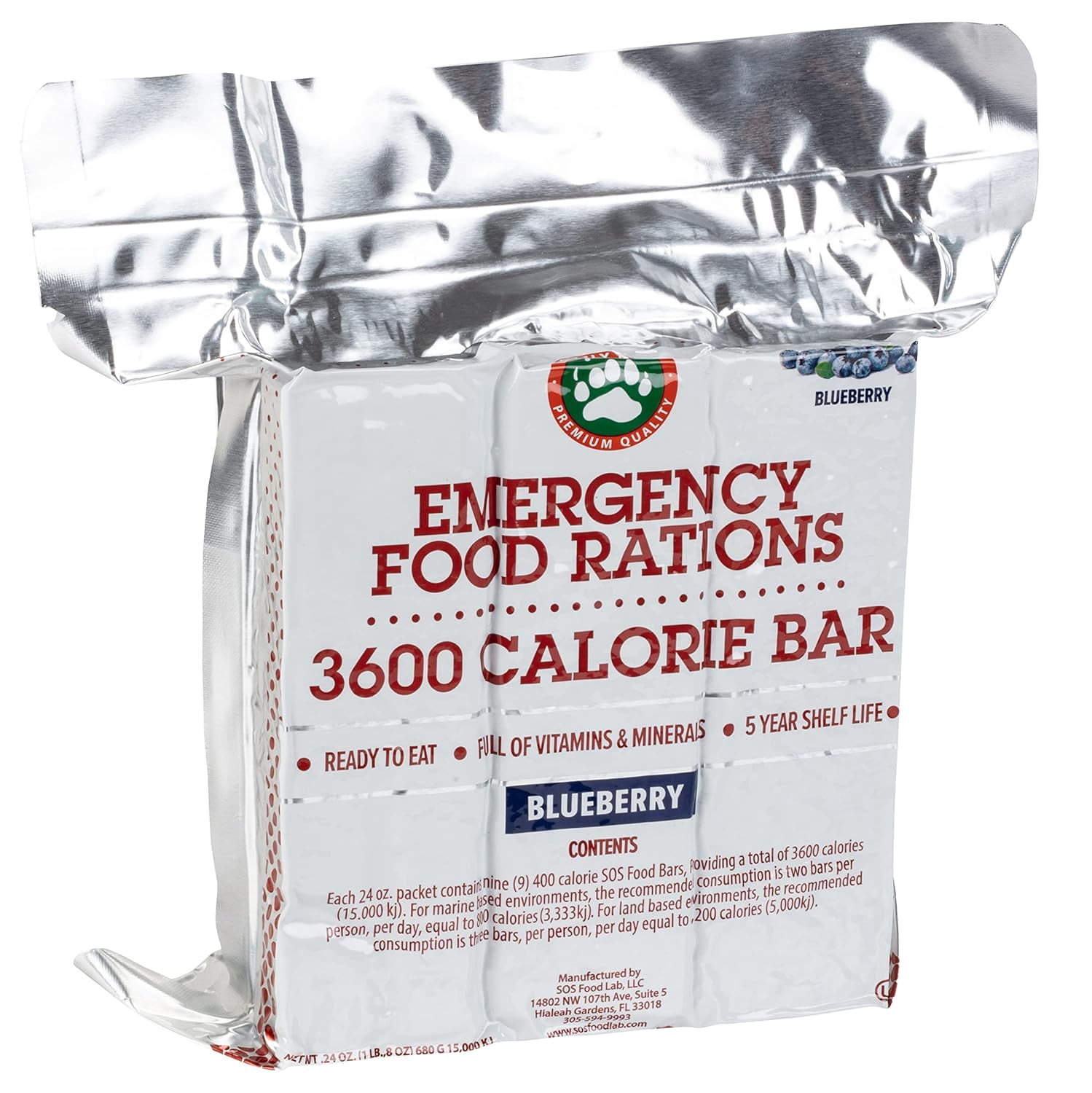 Grizzly Gear Emergency Food Rations- 3600 Calorie Blueberry Bar - 15 Day, 360 Hour Supply For Disaster, Hurricane, Flood Preparedness - Less Sugar, More Nutrients Than Other Brands- 5 Year Shelf Life