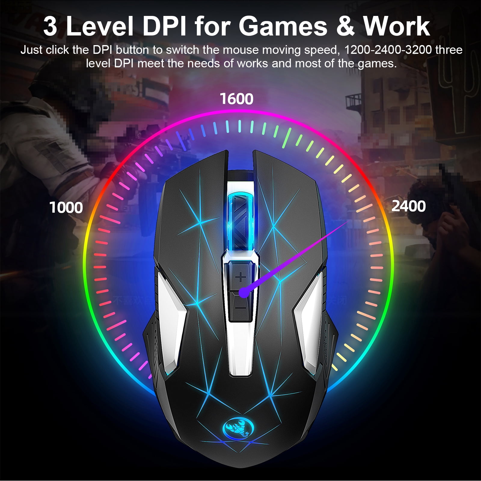Wireless Gaming Mouse for Laptop, Rechargeable USB 2.4G PC Gaming Mouse with 5 Adjustable DPI, 7 Colors LED Lights, 6 Silent Buttons, Ergonomic Optical Mouse for Computer, Laptop, Desktop, Mac, PC