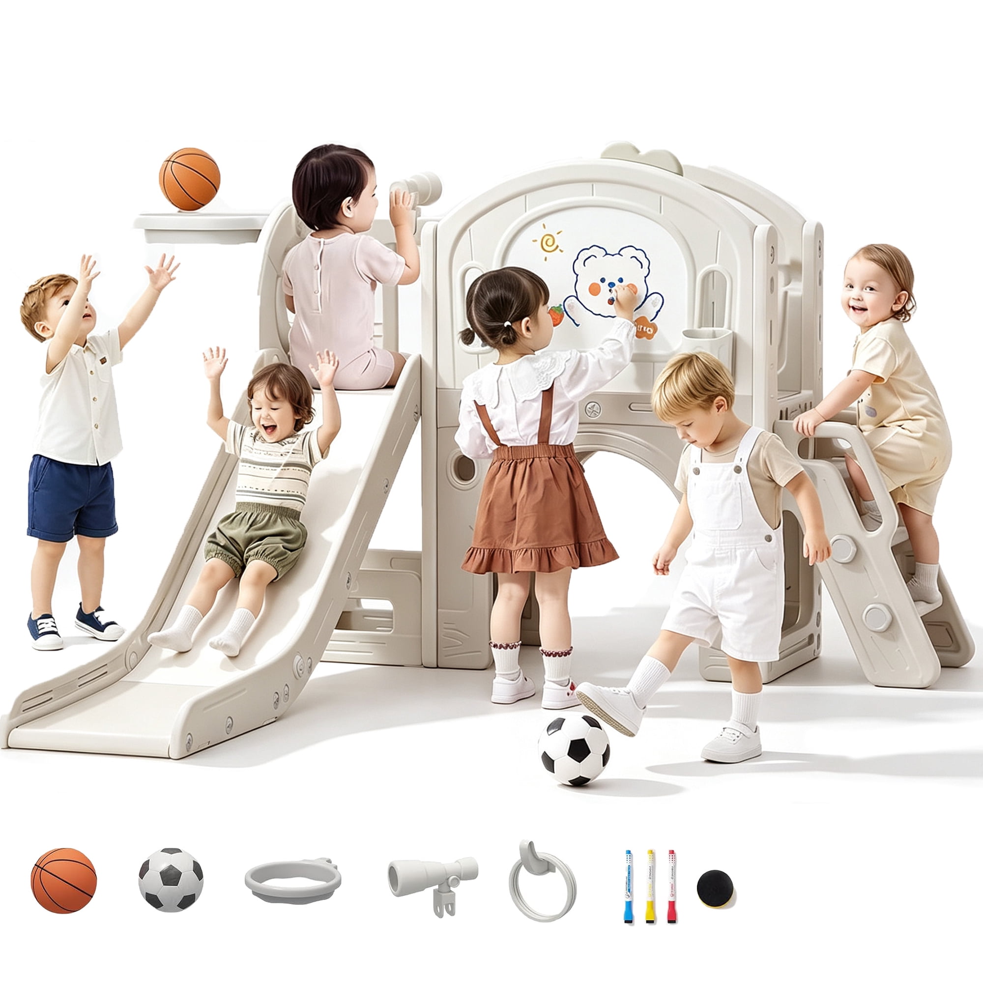 11 in 1 Toddler Slide Set, Linor Indoor Playset for Kids Age 1-3, Outdoor Toddler Climbers, Beige