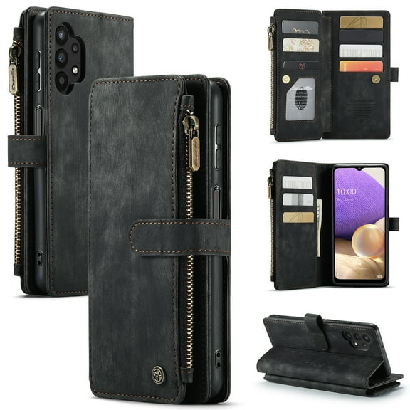 for Samsung Galaxy A32 5G Case, Wallet Case with Card Holder Kickstand Magnetic Zipper Pocket Lanyard Strap Wristlet,Leather Flip Case Wallet for Samsung Galaxy A32 5G 6.5 Inch,Black