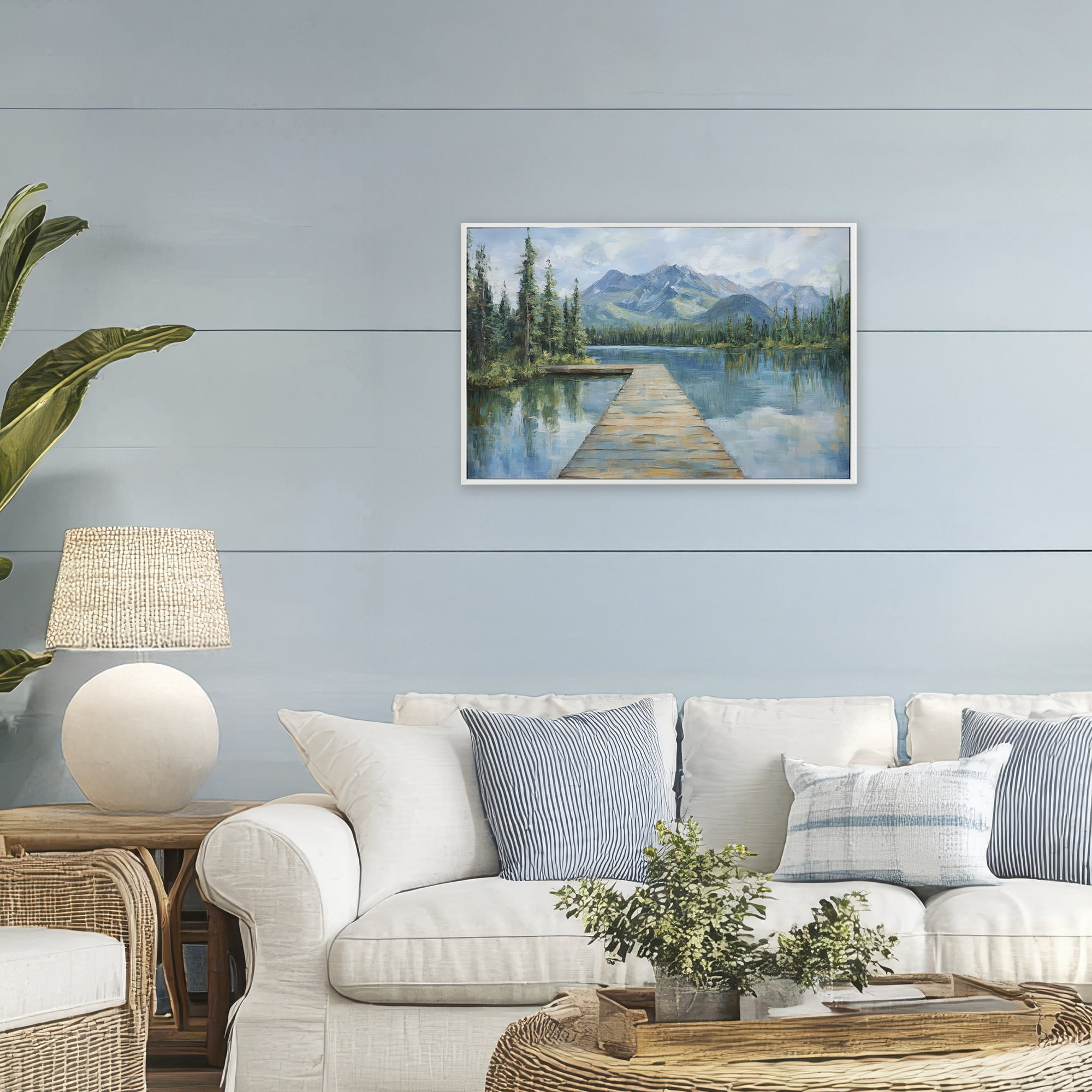 Stupell Industries Peaceful Lake Dock in the Mountains White Framed Giclee Art, design by Petal Prints Design