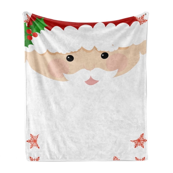 Christmas Soft Flannel Fleece Throw Blanket, Cartoon Face of Santa with Pink Cheeks White Beard and Mistletoe on His Hat, Cozy Plush for Indoor and Outdoor Use, 70" x 90", Multicolor, by Ambesonne