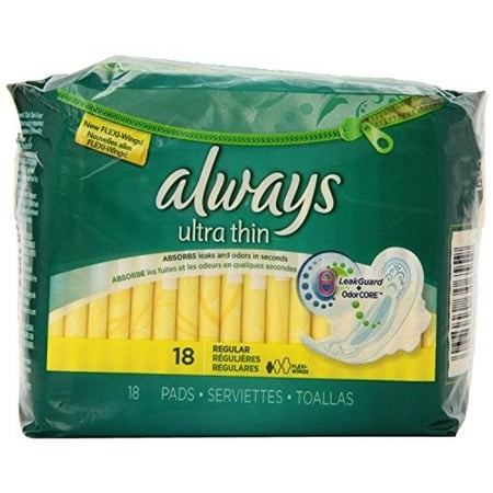 Always Ultra Thin Pads with Wings, Regular, Unscented, 18 Ct