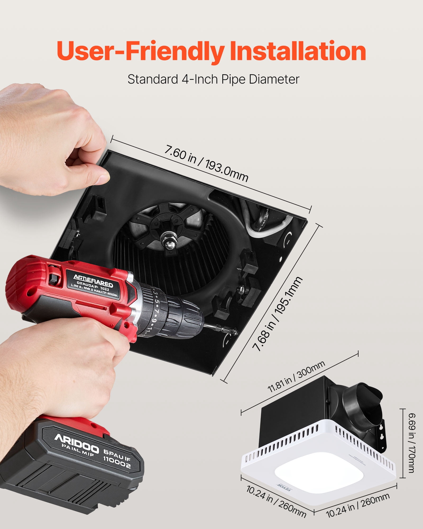 VEVOR Bathroom Exhaust Fan with LED Light, 130 CFM Bathroom Vent Three Gear Color Temp, 1.5 Sones Low-Noise, Premium AC Motor Ceiling Fan for Laundry Room, Storage Room, Home Ventilation, White