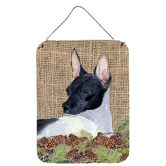 Rat Terrier on Faux Burlap with Pine Cones Wall or Door Hanging Prints