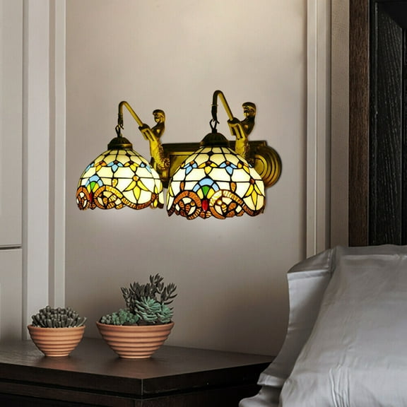 Miumaeov 2 Lights Tiffany Style Mermaid Wall Sconce Vanity Fixture Wall Lamp Stained Glass Wall Mounted Lighting Fixture