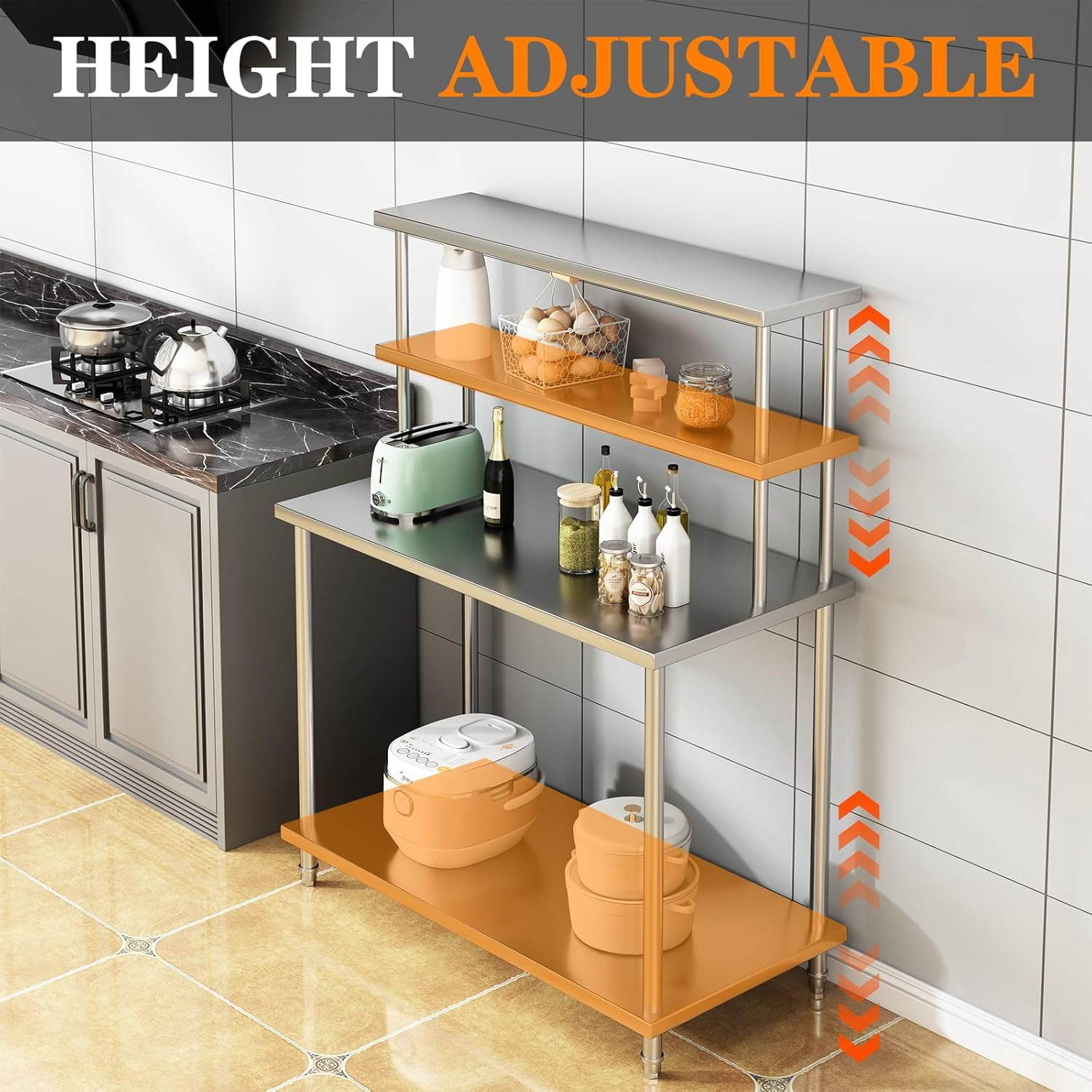 Stainless Steel Double Overshelf, Commercial 2-Tier Adjustable Shelves, Double Deck Overshelf for Prep & Work Table In Restaurant, Kitchen and Home, 48" x 24"