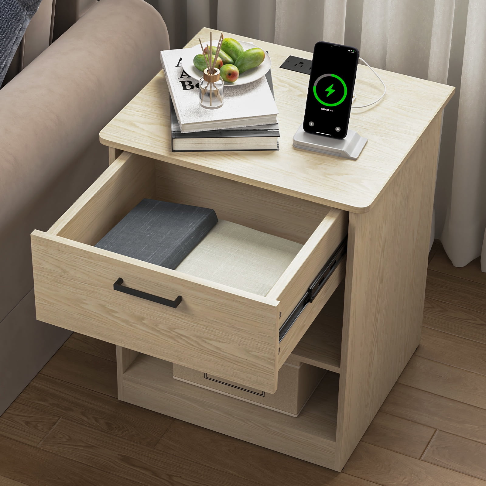 Hommoo Modern Nightstand with Charging Station, End Side Table Bedside Table with Drawer and Open Storage, Natrual