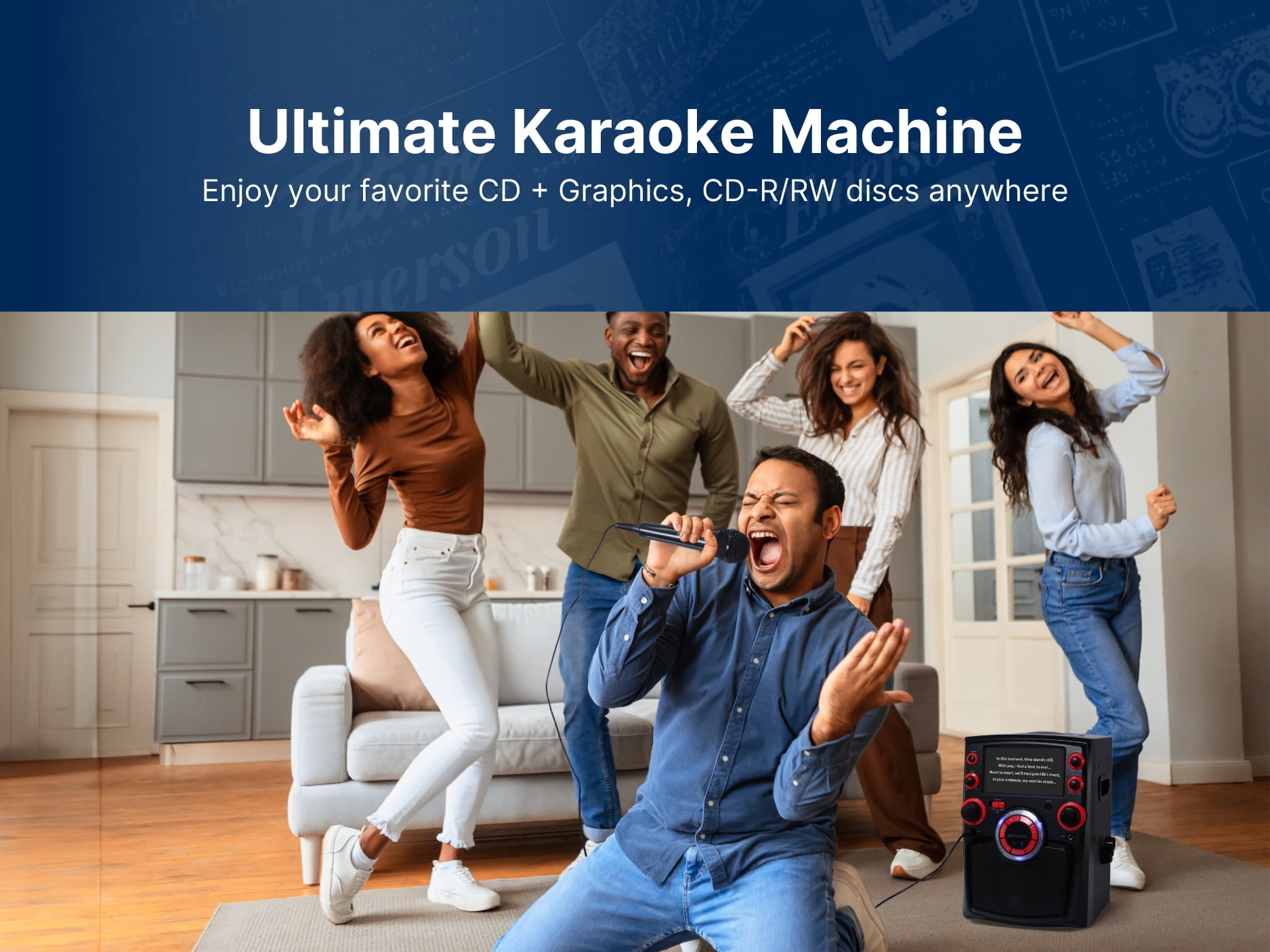Emerson Portable Bluetooth Karaoke System with 7" LCD Display and Mic Input