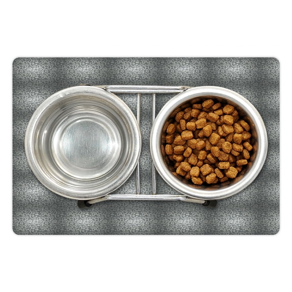 Baroque Pet Mat for Food and Water, Continuing Pattern of Curving Hand Drawn Floral Strokes in Greyscale, Non-Slip Rubber Mat for Dogs and Cats, 18" X 12", by Ambesonne