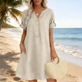thumbnail image 5 of Horkkom Linen Dress Women Solid Color Short Sleeve V Neck Plus Size Dresses Summer Beach Mini Dresses with Pockets, S-2XL, 5 of 5