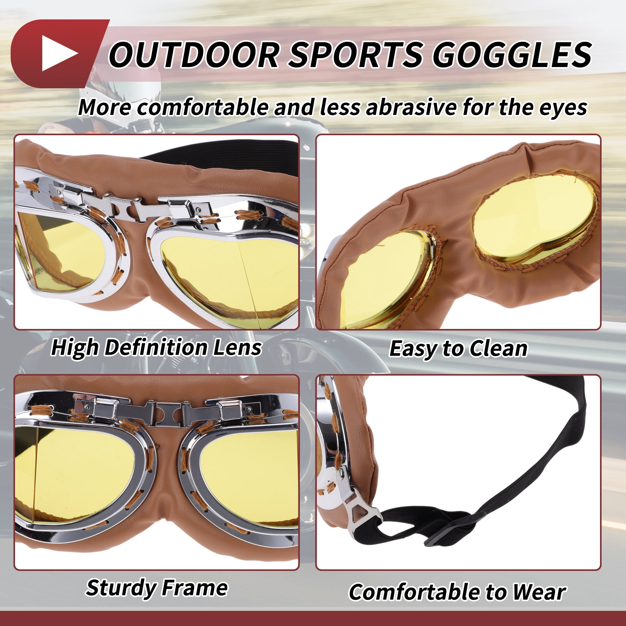 Unique Bargains 1 Set Motorcycle Riding Goggles Foldable PC PU Sponge Outdoor Sports Sunglasses for Motocross Dirt Bike ATV Yellow Lens Brown Frame