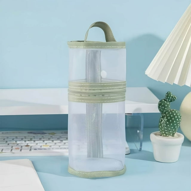Amzcrzy Desk Organizer Round Pencil Purpose Pen Pen Bag Mesh Transparent Circular Pen Bag Cylindrical High-Value Vertical Pen Bag Stationery Box College Essentials Pencil Box Classroom Organization