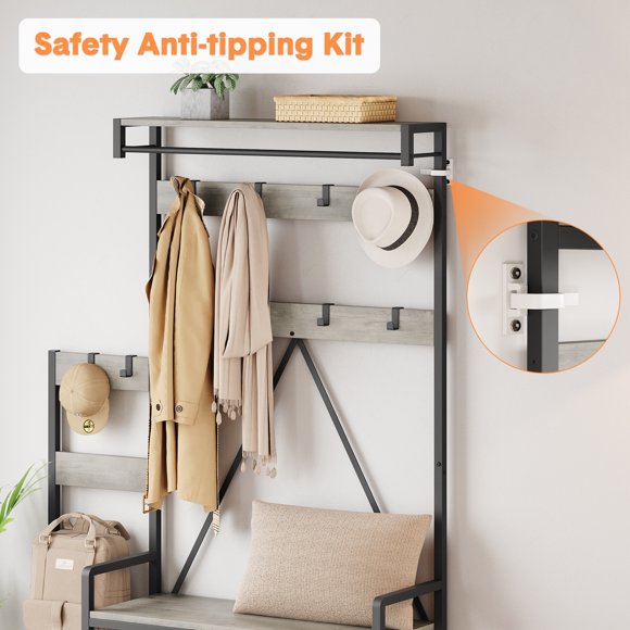 Hall Tree with Shoe Storage Bench, Coat Rack with 7 Hooks 4 Tier Side Storage Shelves Small Cute Side Bench, Industrial 5-in-1 Entryway Coat Rack for Hallway Mudroom Bedroom