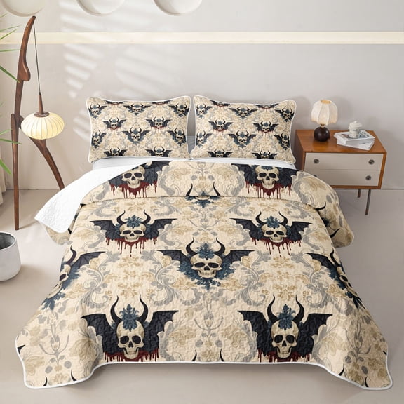 Homewish Halloween Baroque Devil Skull Twin Quilt Set, Dark Floral Blood Drip Twin Coverlet Set, Beige Gray Red, 2pcs 1 Bedspread and 1 Pillowcase