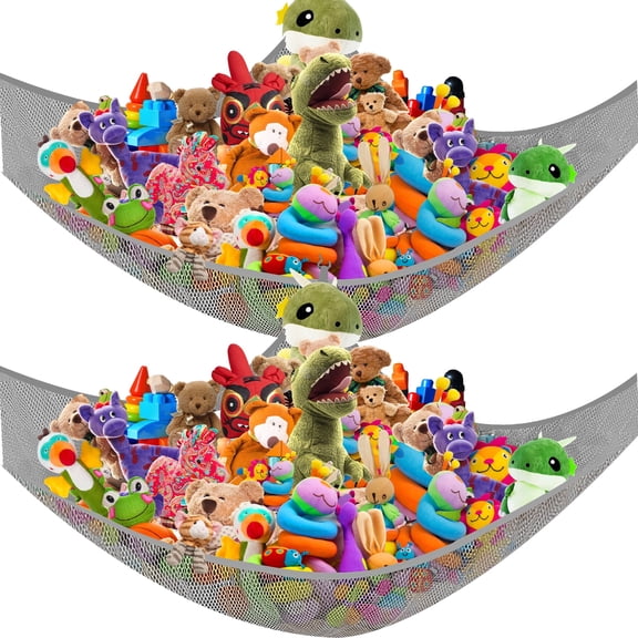 Stuffed Animal Storage Net Hammock Corner, 2 Pack Toy Net Large Kids Toy Holder Hanging Organizer Squishmallow Net for Teddy Bear, Plush Hammock, Doll, Kids Bedroom, Playroom, Nursery Room