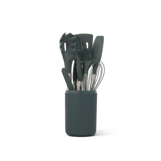 Thyme & Table 10 piece green silicone kitchen gadget set in a ribbed holder featuring spatula, whisk, tongs and pasta server.