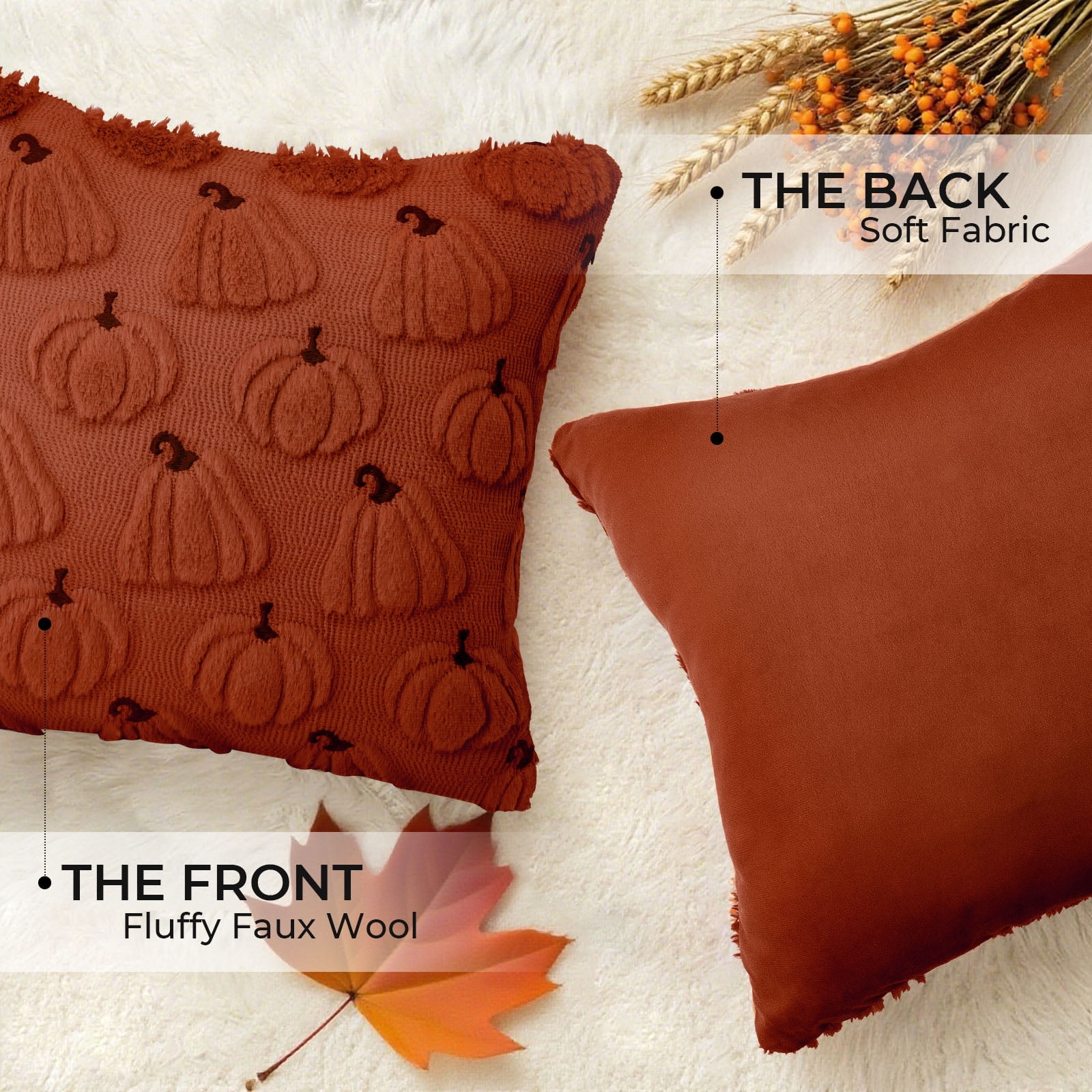 Sanmadrola Fall Pillow Covers 18x18 Throw Pillow Cases Set of 2 Halloween Thanksgiving Autumn Decorations Pumpkin Soft Plush Faux Fur Wool Couch Cushion Case for Sofa Bedroom Living Room Home Decor