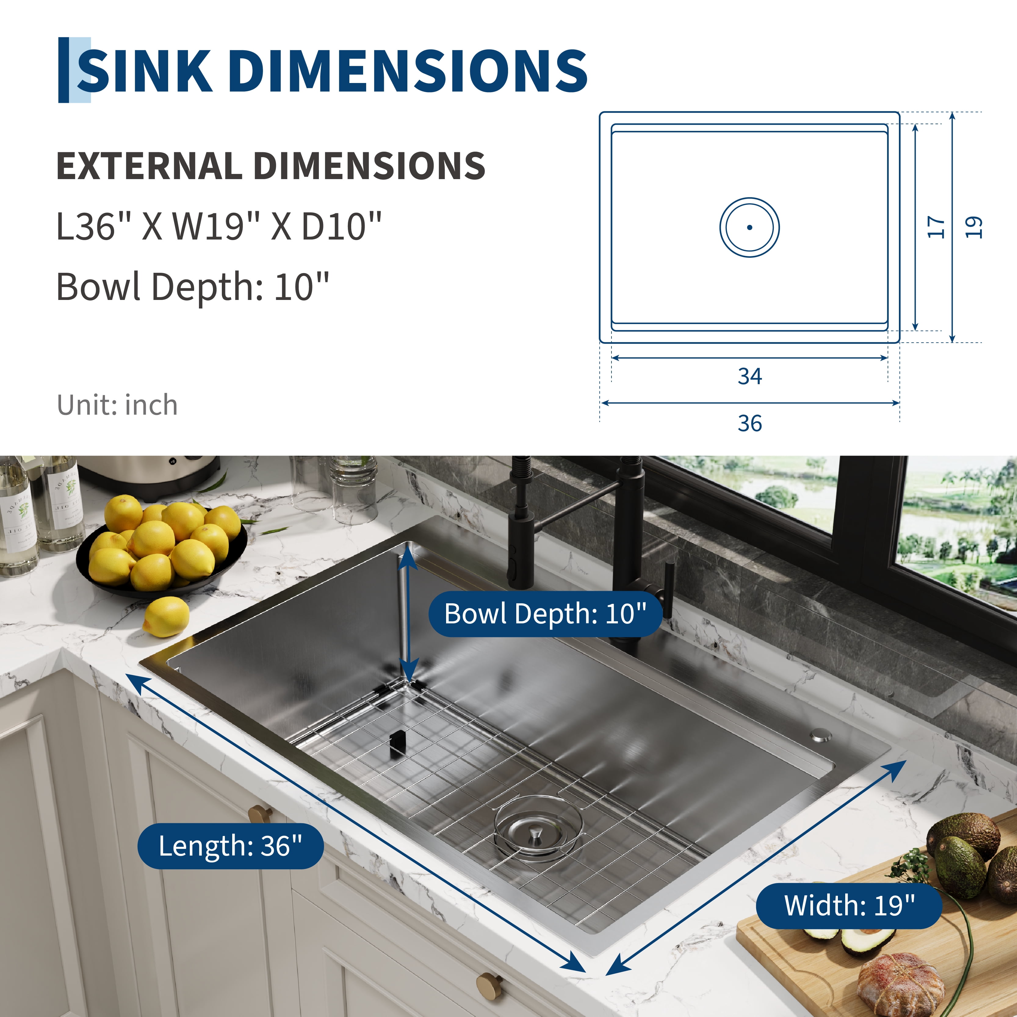 36x19 Inch Undermount Kitchen Sink, Single Bowl with Drainboard Design, 16 Gauge 304 Stainless Steel Construction, 10 Inch Deep, Includes Bottom Grid and Drain Assembly