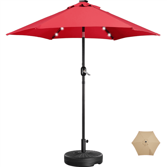 Topeakmart 7.5ft Patio Umbrella with 18 LED Solar Lights + 20'' Fillable Patio Umbrella Base Stand, Red
