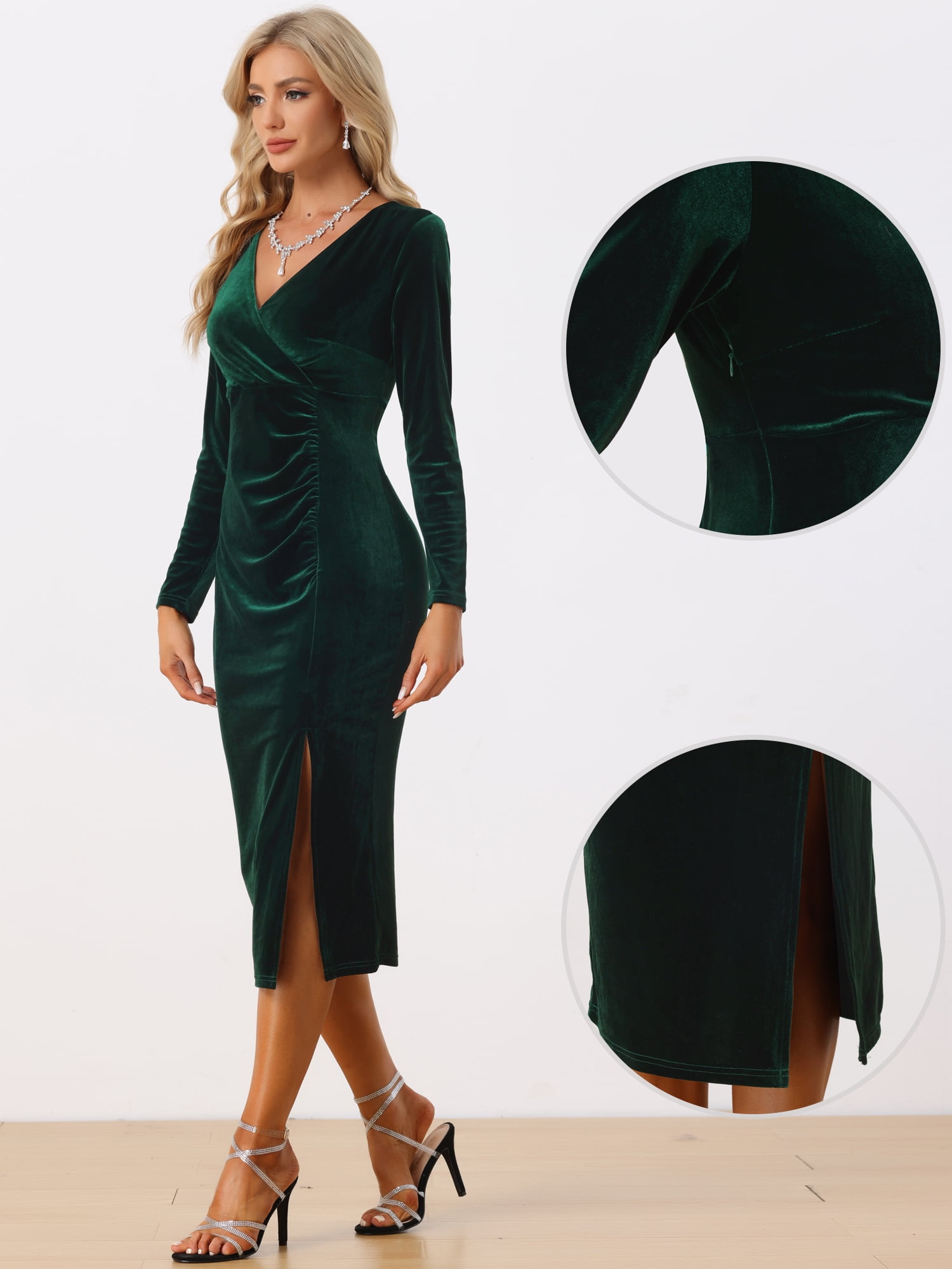 DARING DIVA Long Sleeves V Neck Wrap Ruched Split Cocktail Evening Dress
 M Dark Green