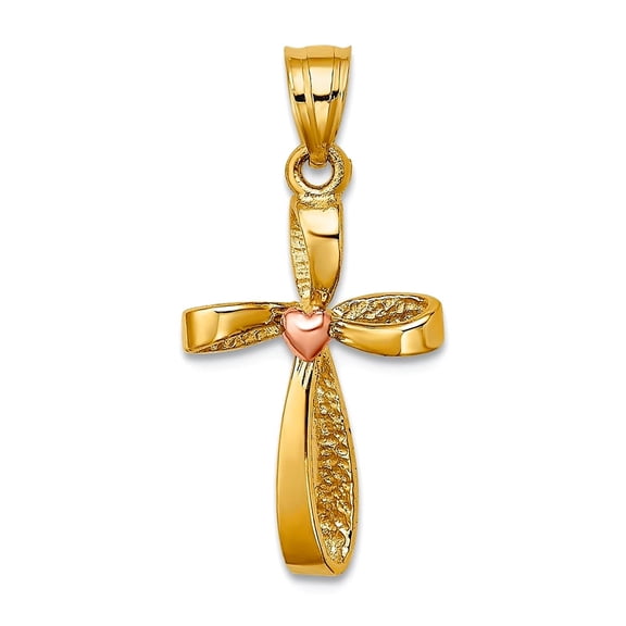 14k Gold 12mm Twisted Religious Faith Cross With Pink Love Heart Center Pendant Necklace for Women