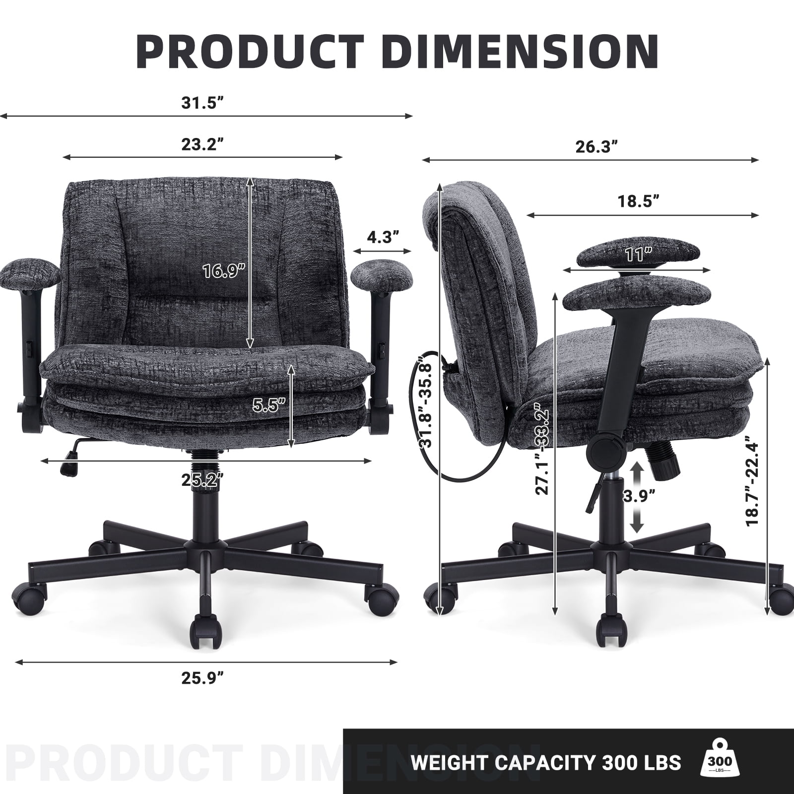 Criss Cross Legged Office Chair with Wide 3 Layer Cushions, Ergonomic Criss Cross Desk Chair with Dynamic Lumbar Support and Flip-up Arms, Mid Back Fabric Swivel Vanity Chair for Work, Study, Leisure