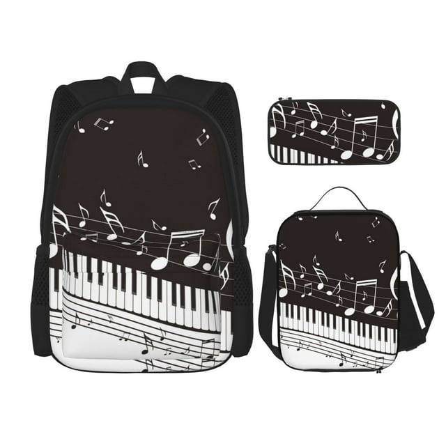 Disketp Touches de Piano avec Notes de Musique Sac à Dos Grande Capacité Trousse Combinaison Ensemble 3 Pcs pour Étudiant