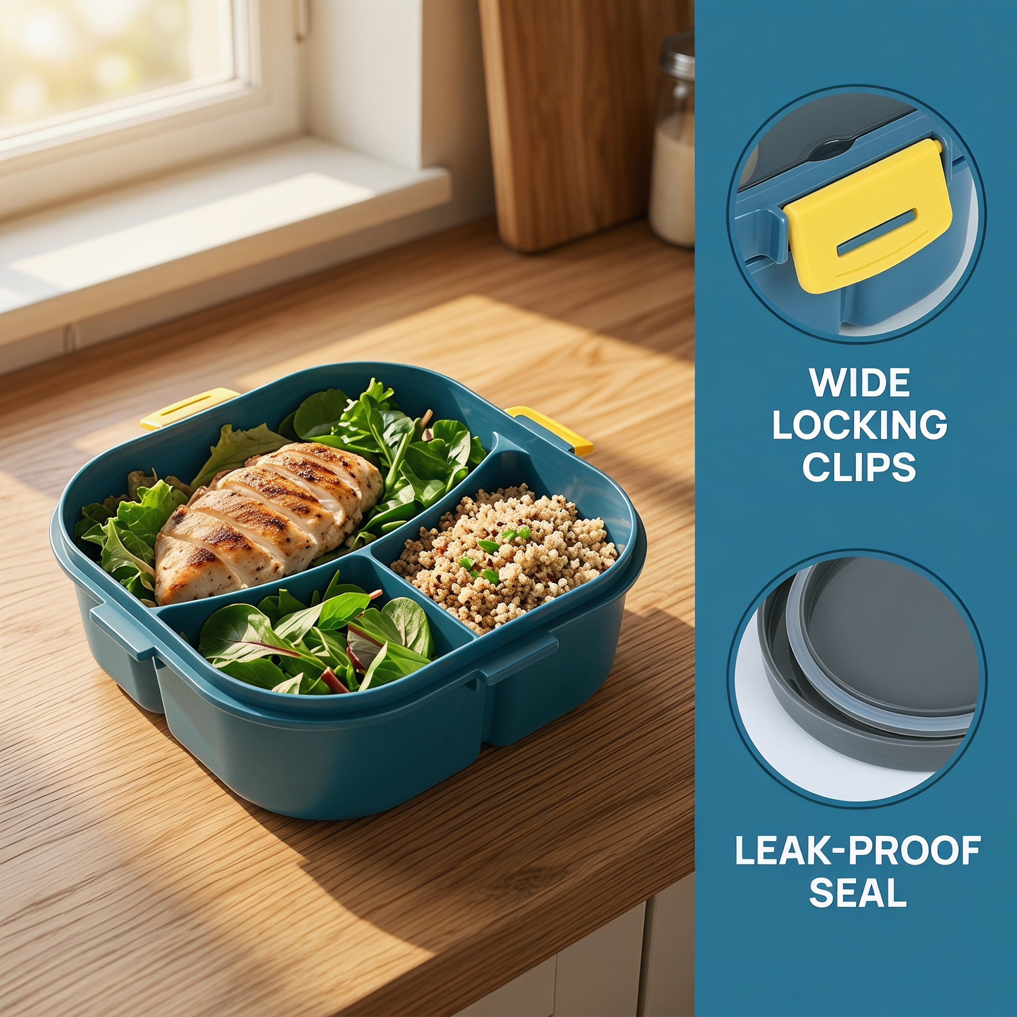 Unique Bargains 1200ml Leak-Proof Meal Prep Lunch Bento Box Blue-3