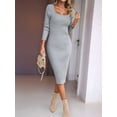 thumbnail image 5 of Women 2025 Summer Ribbed Short Sleeve Bodycon Maxi Dress Side Slit Knit Square Neck Long Sundress Grey L, 5 of 7