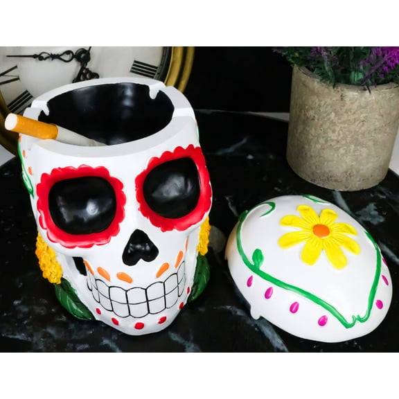 Day of The Dead White Tribal Tattoo Sunflowers Sugar Skull Ashtray Box Figurine