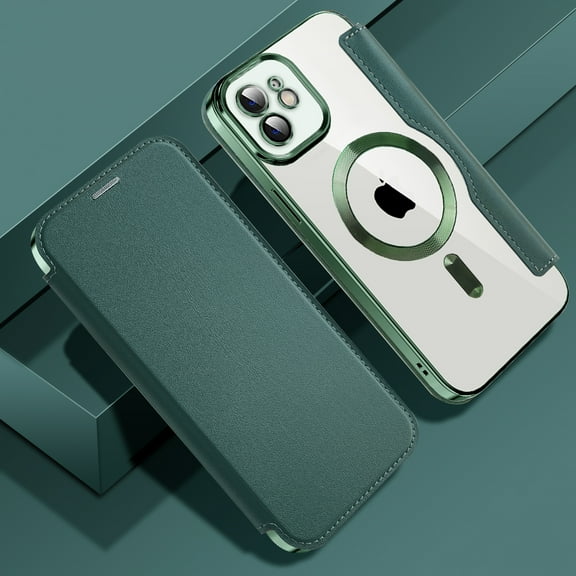 Case for iPhone 11,Compatible with MagSafe Charging,Wallet Cover with RFID Blocking Card Slots,Shockproof PU Leather Magnetic Closure Folio Plating Clear Phone Case,Darkgreen