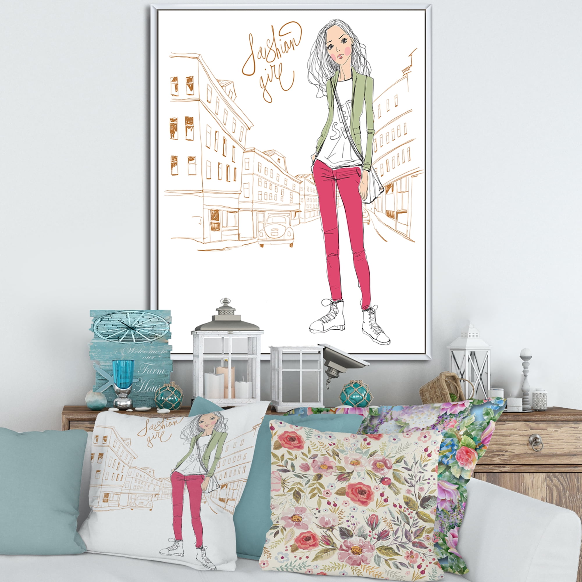 Designart 'Trendy Fashion Woman II' Children's Art Framed Canvas Wall Art Print