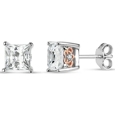 6 mm White Square Swarovski Cubic Zirconia Sterling Silver Two Tone Rhodium And 18kt Rose Gold Plated Filigree Sides Stud Earrings