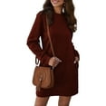 thumbnail image 2 of Robes pour Femmes à Manches Longues Décontractées Coupe Ample Mode d'Automne Robe Mini à Col Rond avec Poches Rouge Vin G, 2 of 7