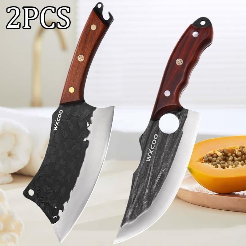 2PCS Handmade Utility Knife Stainless Steel Vegetable Chopper Multipurpose Chef Knife Sharp Durable Forged Kitchen Cutting Knife Fruit Fish Meat Cleaver Boning Knife for Cooking
