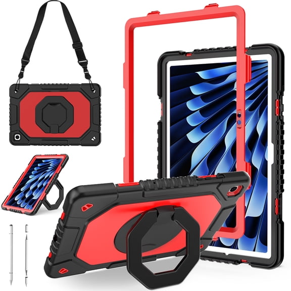 ELEHOLD Case for Samsung Galaxy Tab A11 /A9 plus, Military-Grade Shockproof 360° Rotating Stand Case with Shoulder Strap & Pen Slot, 3-in-1 Stylus Included,Red