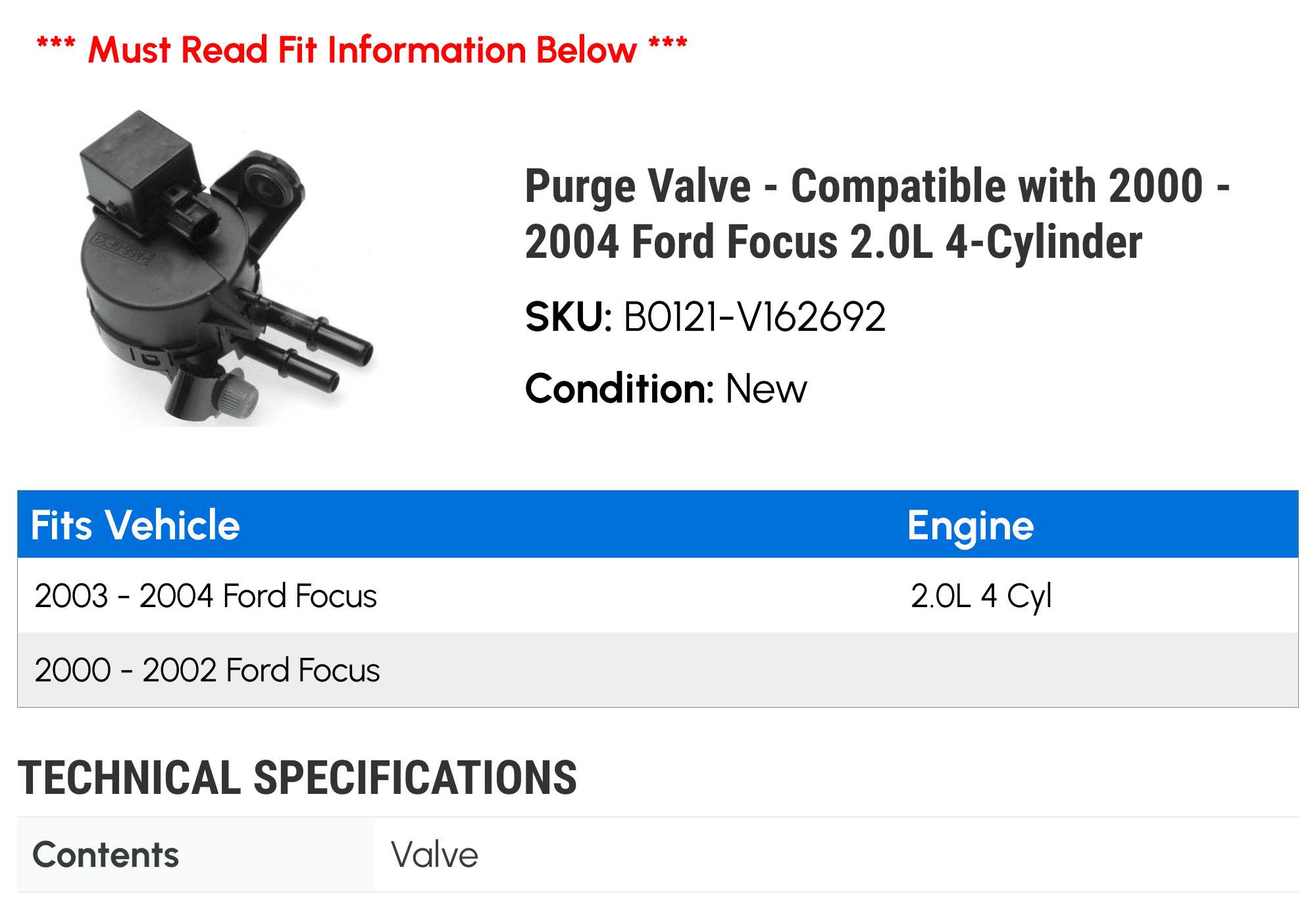 Purge Valve - Compatible with 2000 - 2004 Ford Focus 2.0L 4-Cylinder 2001 2002 2003