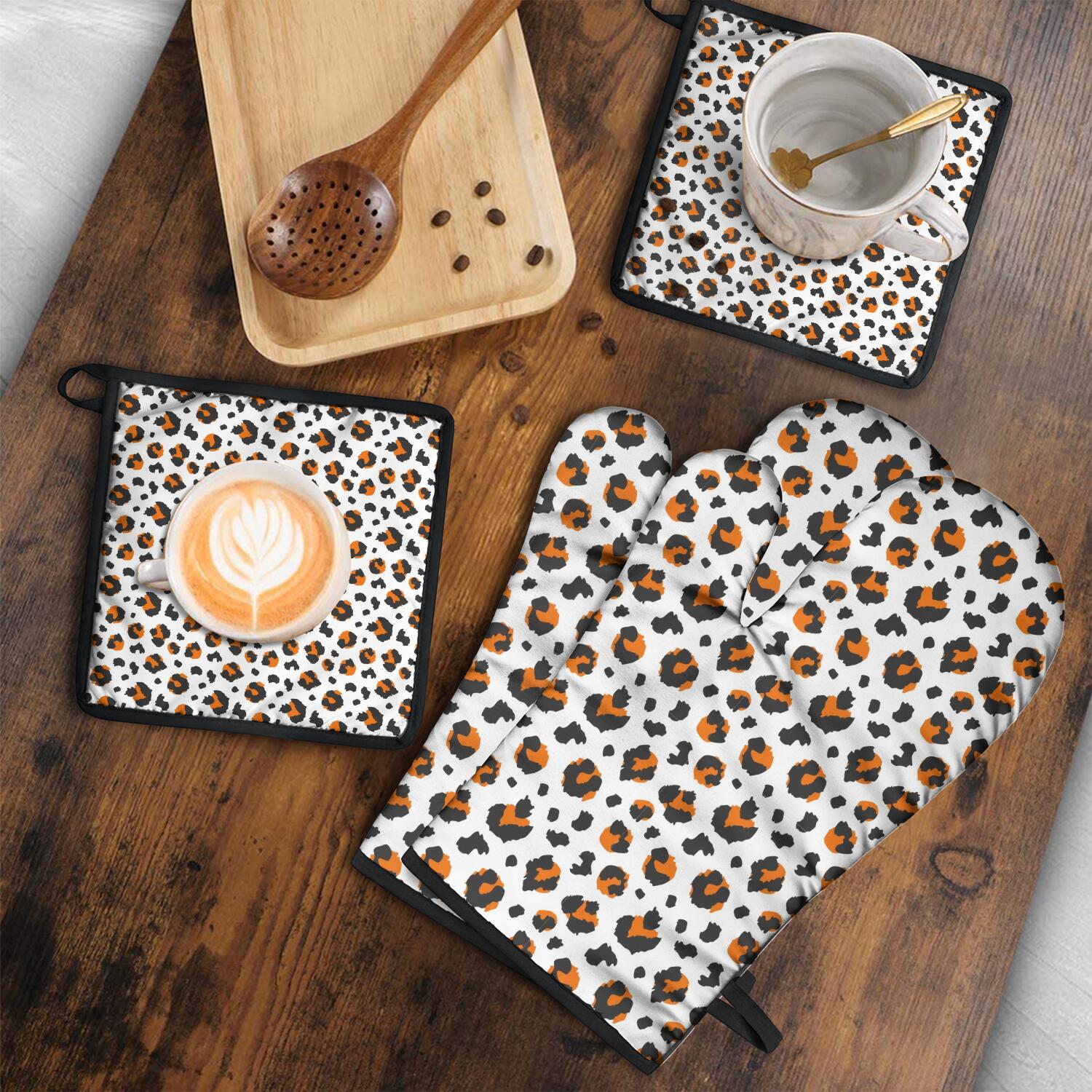 Leopard Print Oven Mitts and Pot Holders Set Of 4, Heat Resistant Kitchen Gloves with Non-Slip Grip, Hanging Loop, Soft Cotton Lining for Baking, Cooking, Grilling, Barbecue