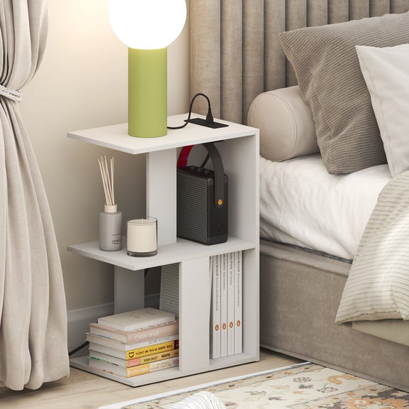 Furinno BOYATE Night Stand, 2-Tier End Table with Charging Station, Open Shelf End Table, Side Table, Bedside Table with USB and Type-C Charging Port, for Living Room, Bedroom, White