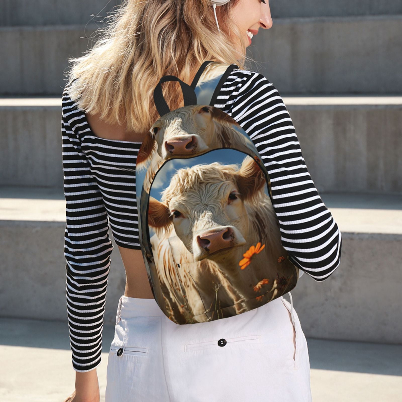 Vsdgher Daisy Meadow Cow Print Canvas Backpack Travel Rucksack Unisex Knapsack 15.7/17.7Inch Laptop Backpack for Work,College -Medium