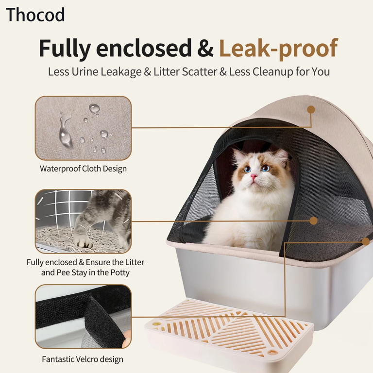 Sousia Stainless Steel Cat Litter Box With Lid - Large Enclosure, 2 Pack, Leak-Proof Design