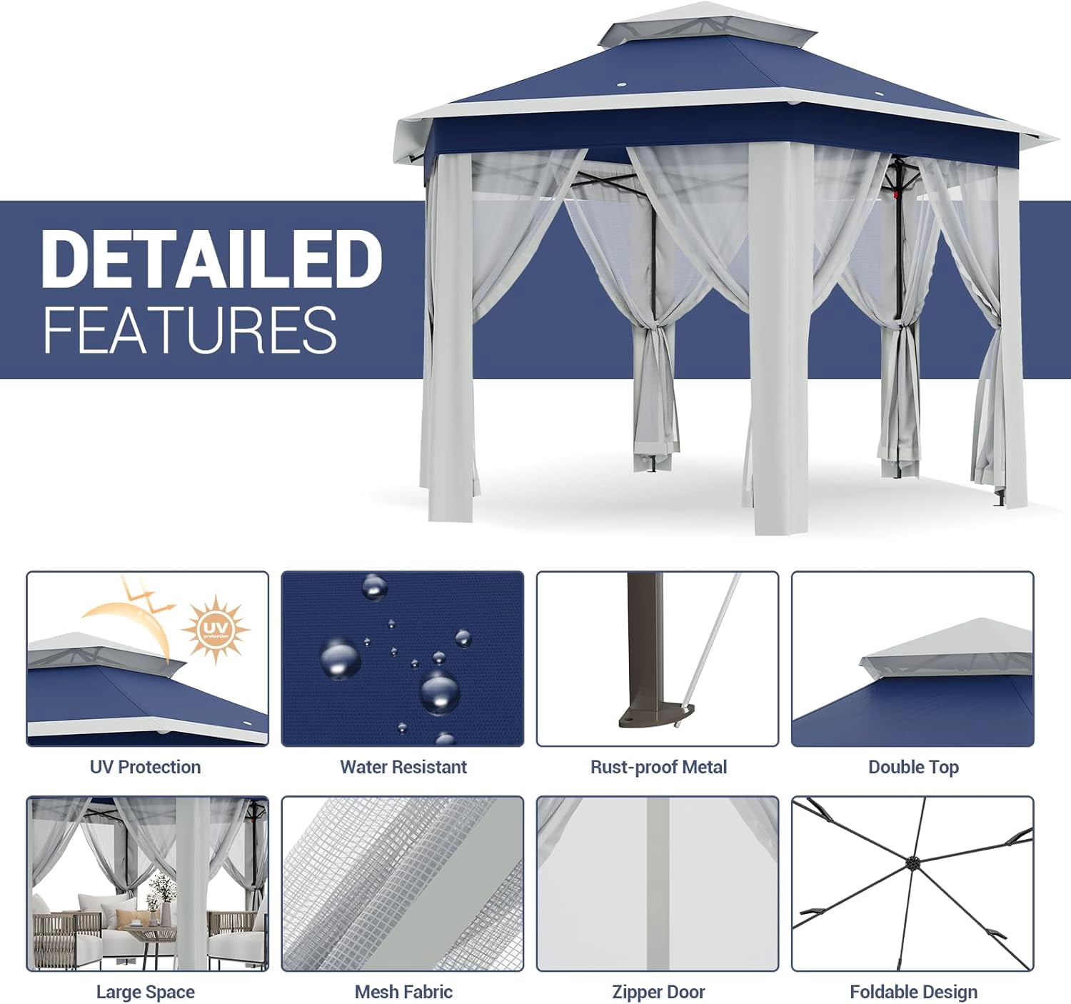 13'x13' Pop Up Gazebo, Hexagonal Outdoor Canopy Tent, [Sturdy Metal Frame] Instant Pop Up Tent with Mesh Netting, Waterproof & UV-Resistant Outdoor Gazebo for Backyard, Patio, Deck, Lawn Party