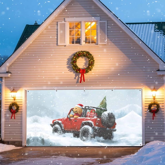 Golden Retriever Red Car Garage Door Banner Covers, Christmas Winter Snow Large Hanging Indoor/Outdoor Backdrop Background for Christmas Winter Party Decor, 6.9x8 FT