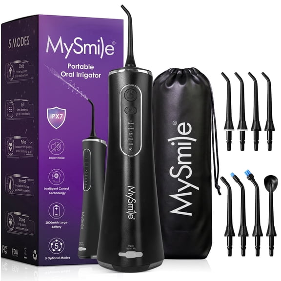 MySmile LP211 Portable Water Flosser Cordless for Teeth Braces, Electric Water Dental Flossers, Power Oral Irrigator, IPX7 Waterproof, 5 Modes, 8 Jet Tips, 260ml Tank, 1 Travel Bag, Black