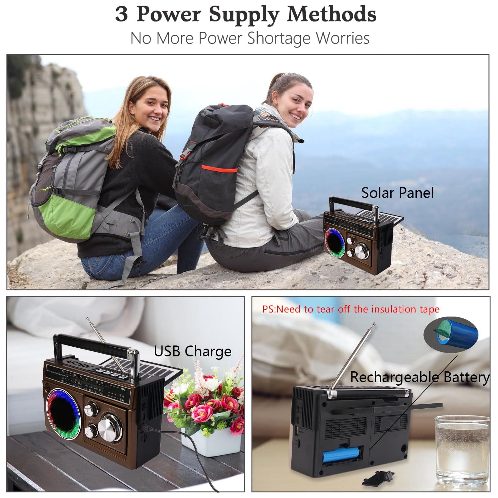 AM FM SW Radio Portable with Bluetooth Speaker, Illumination, USB TF Card Playing, Solar/USB-C Rechargeable Radios, Colorful Light, Transistor Radios Portable Emergency, Bluetooth Radio