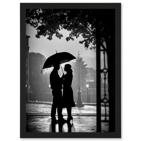 A Couple Under an Umbrella Black and White Photo Artwork Framed Wall Art Print A4