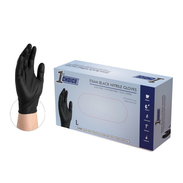 1st Choice Nitrile Latex Free, Powder Free, Medical Disposable Gloves, Black, Medium, 100/Box