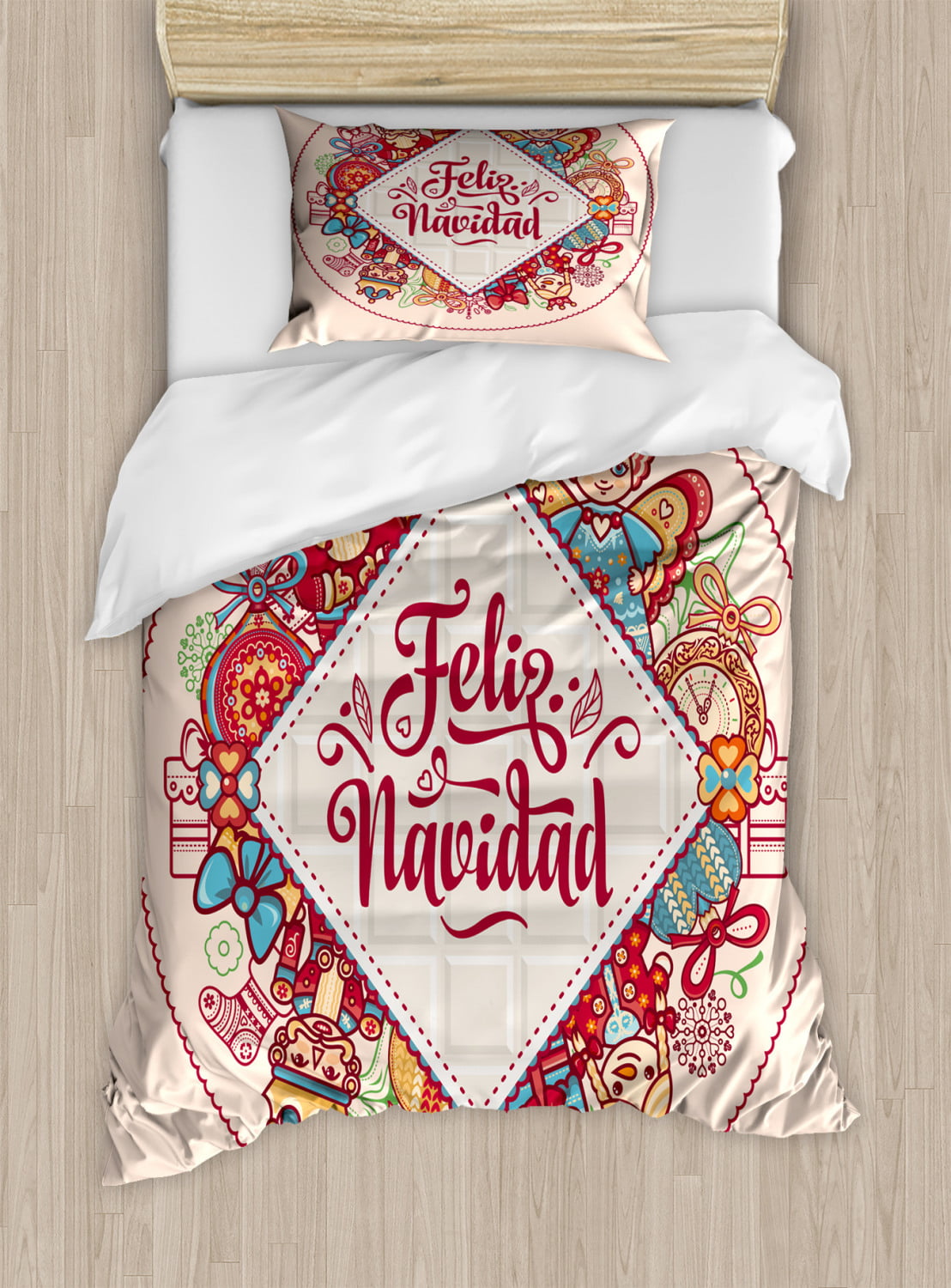 Spanish Duvet Cover Set Queen Size, Christmas Elements and Celebration  Theme Feliz Navidad Message in Spanish Language, Decorative 3 Piece Bedding  Set with 2 Pillow Shams, Multicolor, by Ambesonne 
